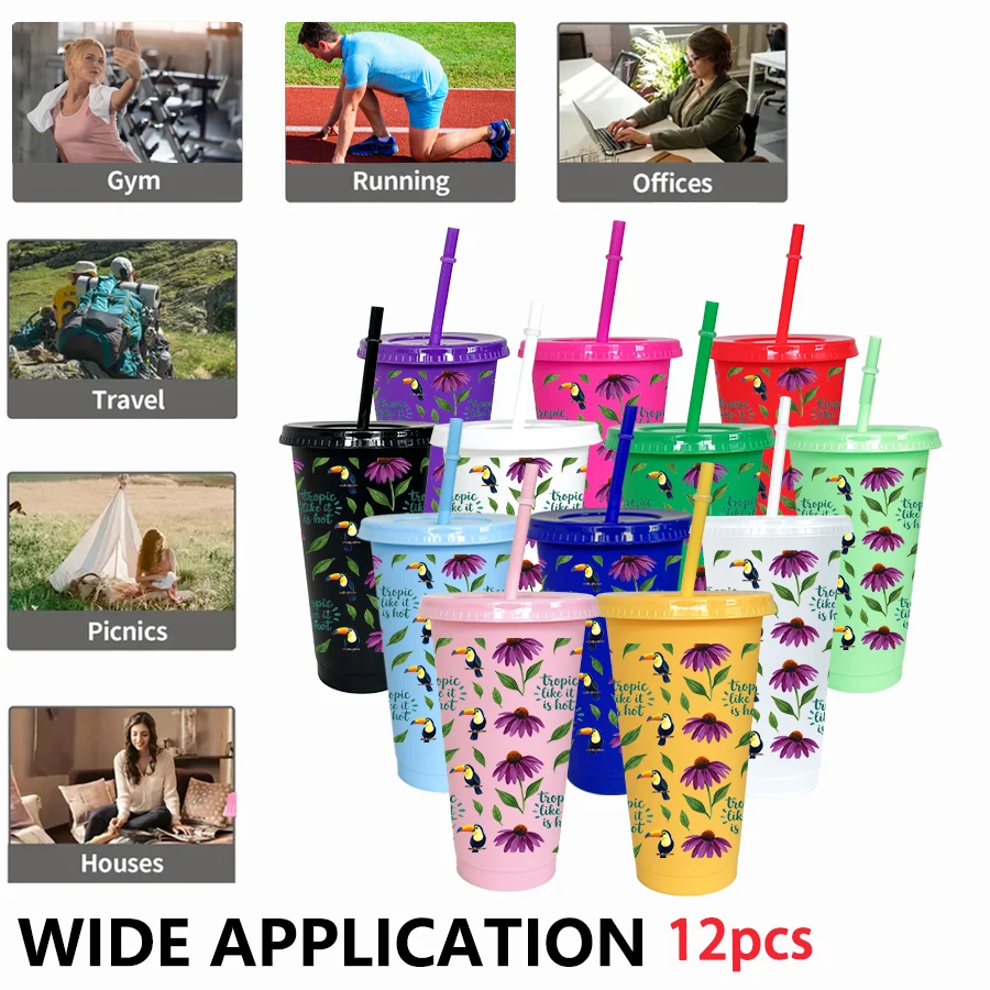 12pcs/pack Parrot Flower Leaf Pattern 26oz Colored Plastic Party Cold Drink Cup for Back-to-school Birthday Gift