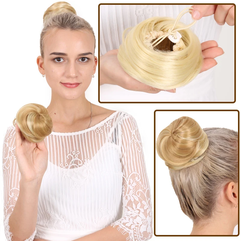 MANWEI Synthetic Clip-on Hair Bun Elastic Band Straight Hair Chignon Extension Scrunchie Hairpiece For Women and Kids