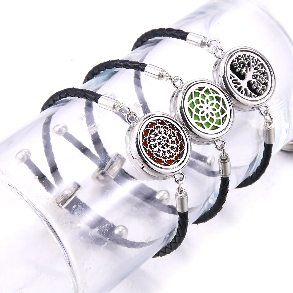 Perfume Essential Oil Diffuser Leather Bracelet Aromatherapy Locket Bracelet Stainless Steel Locket Black Leather Bracelet Gift