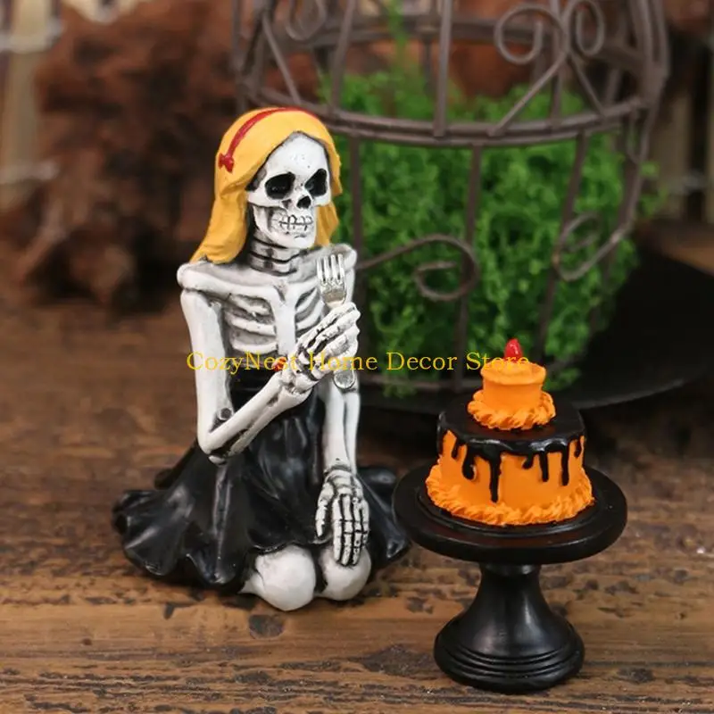 92MF Skeleton Girl Resins Cake Decoration Halloweens Figurine Skull Girl Eating Cake
