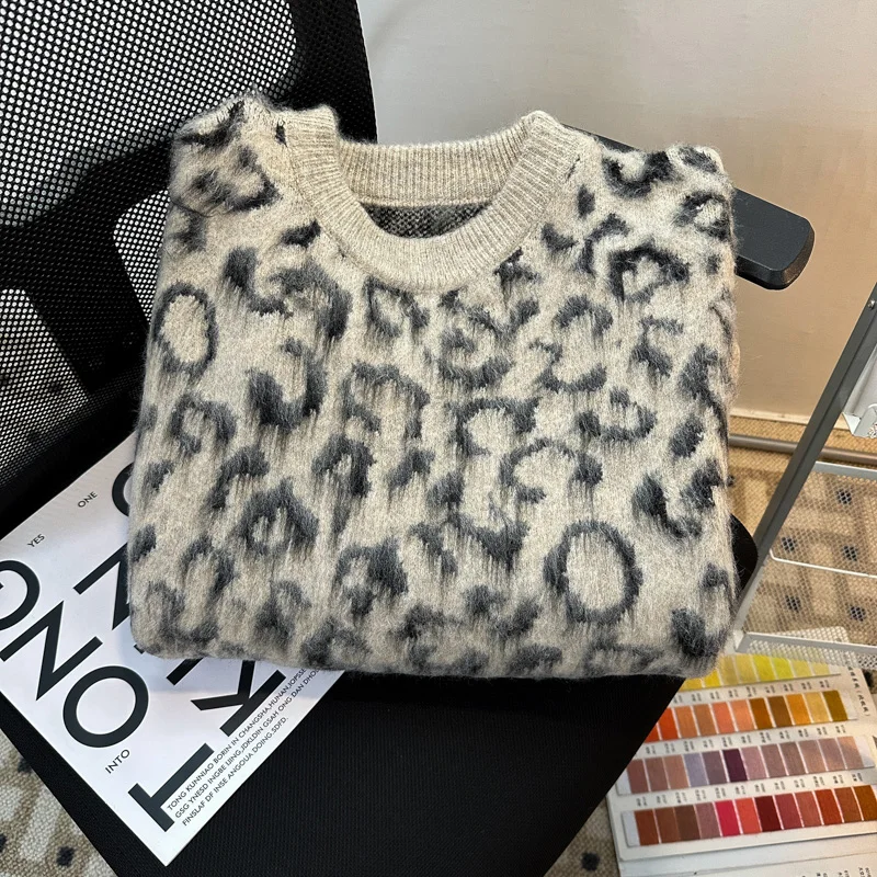 Women Leopard Pullover Knitted Sweater Harajuku Aesthetic Y2k Large Size Long Sleeves Sweaters Fashion Vintage 2000s Clothes