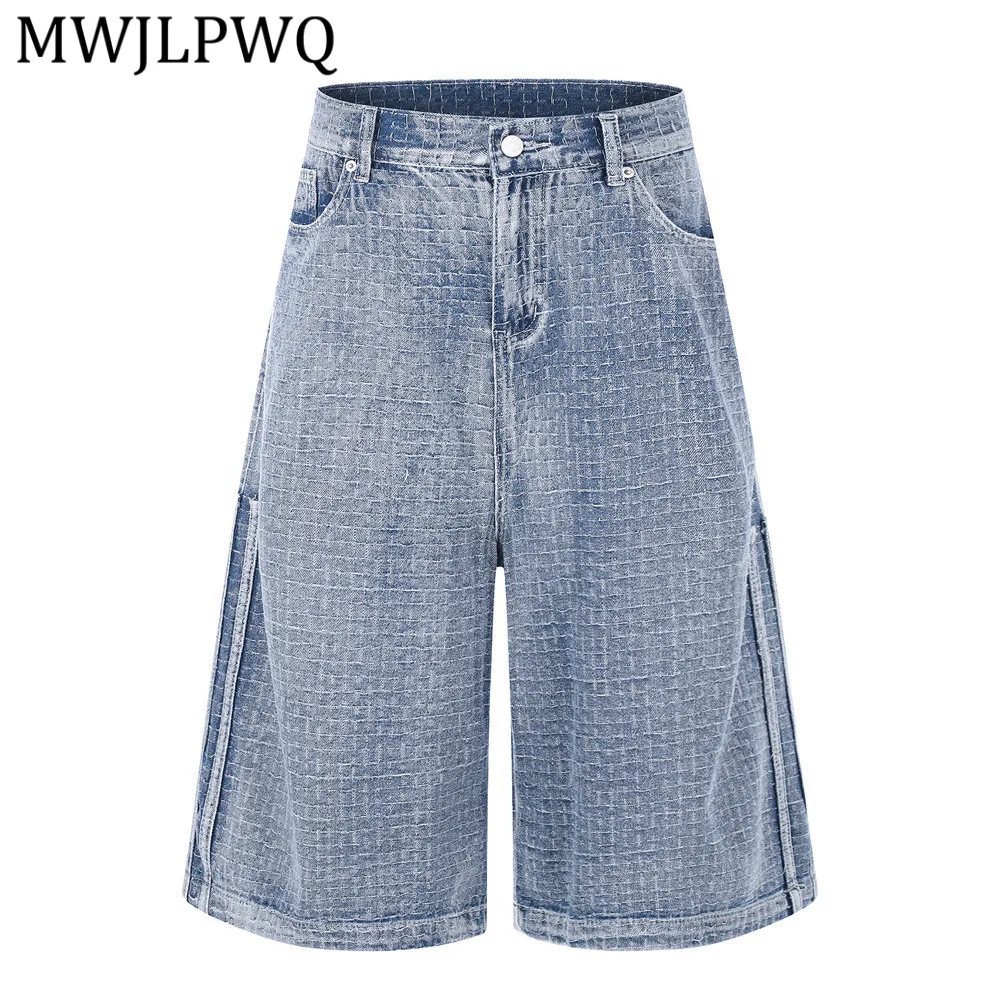 MWJLPWQ Loose Casual Denim Mid-Length Shorts For Men Summer Washed Distressed Textured Jacquard Straight Wide-Leg Shorts 6687