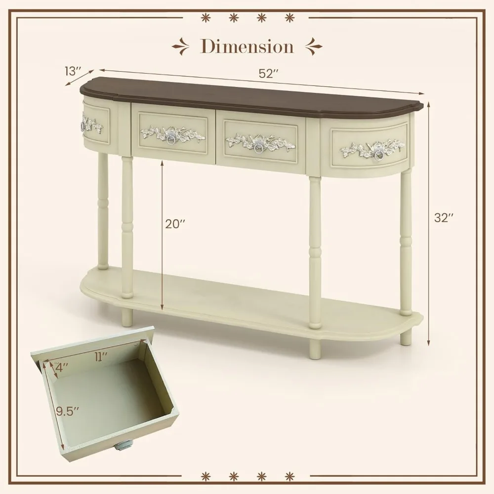 طاولة كونسول ريترو مع أدراج، 52 طاولة أريكة ضيقة طويلة مع رف مفتوح، طاولة مدخل نصف قمر مع مساحة تخزين، صلبة #3