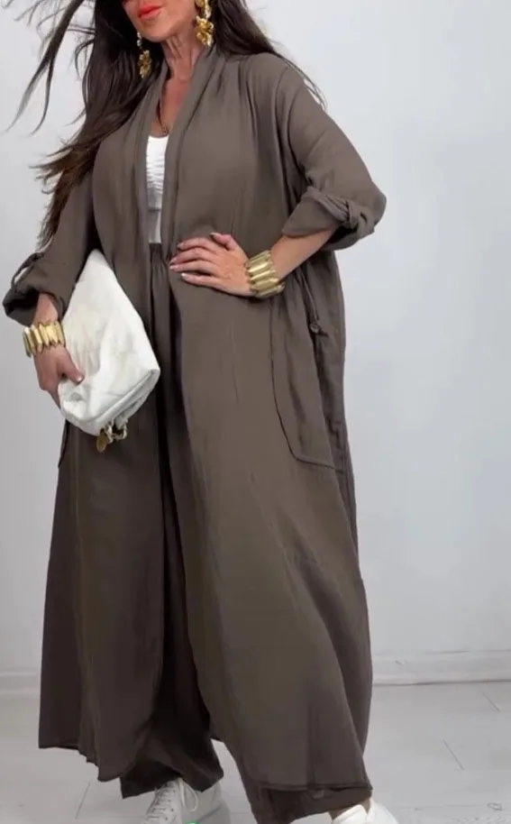 Set casual in due pezzi alla moda primavera maniche lunghe larghe tasche grandi cardigan esteso pantaloni a gamba larga a vita alta set per le donne