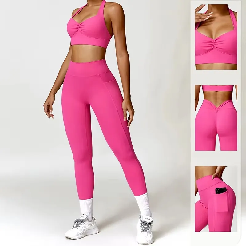 

Female Sportswear Two Piece Yoga Suit V Back Scrunch Legging Women Gym Suit Tracksuit Women Running Workout Set Yoga Clothing