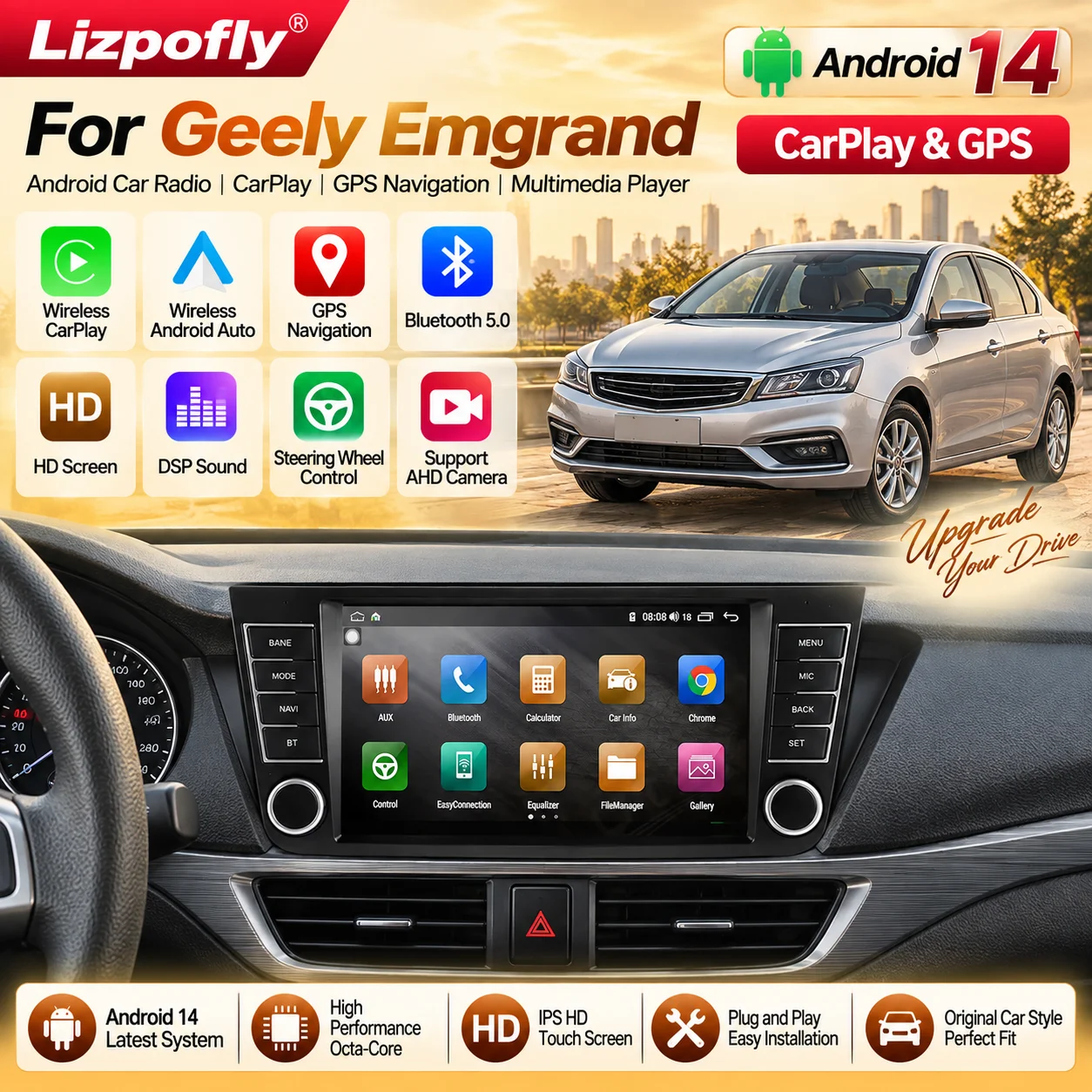 Lizpofly Android Car Radio For Geely Emgrand Android 14 CarPlay GPS Navigation Bluetooth Multimedia Player Stereo Head Unit