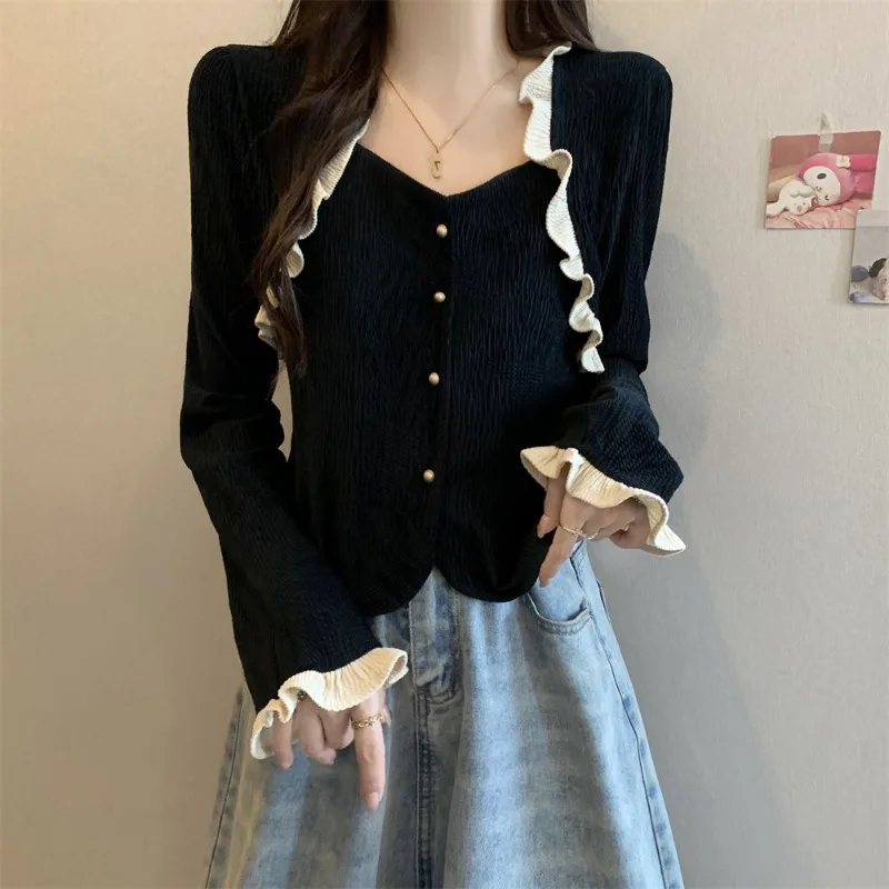 Autumn New Corduroy Splicing Ruffled Pullovers Women Long-sleeved Square Collar Falred Sleeve Bottoming Versatile Blouse Female