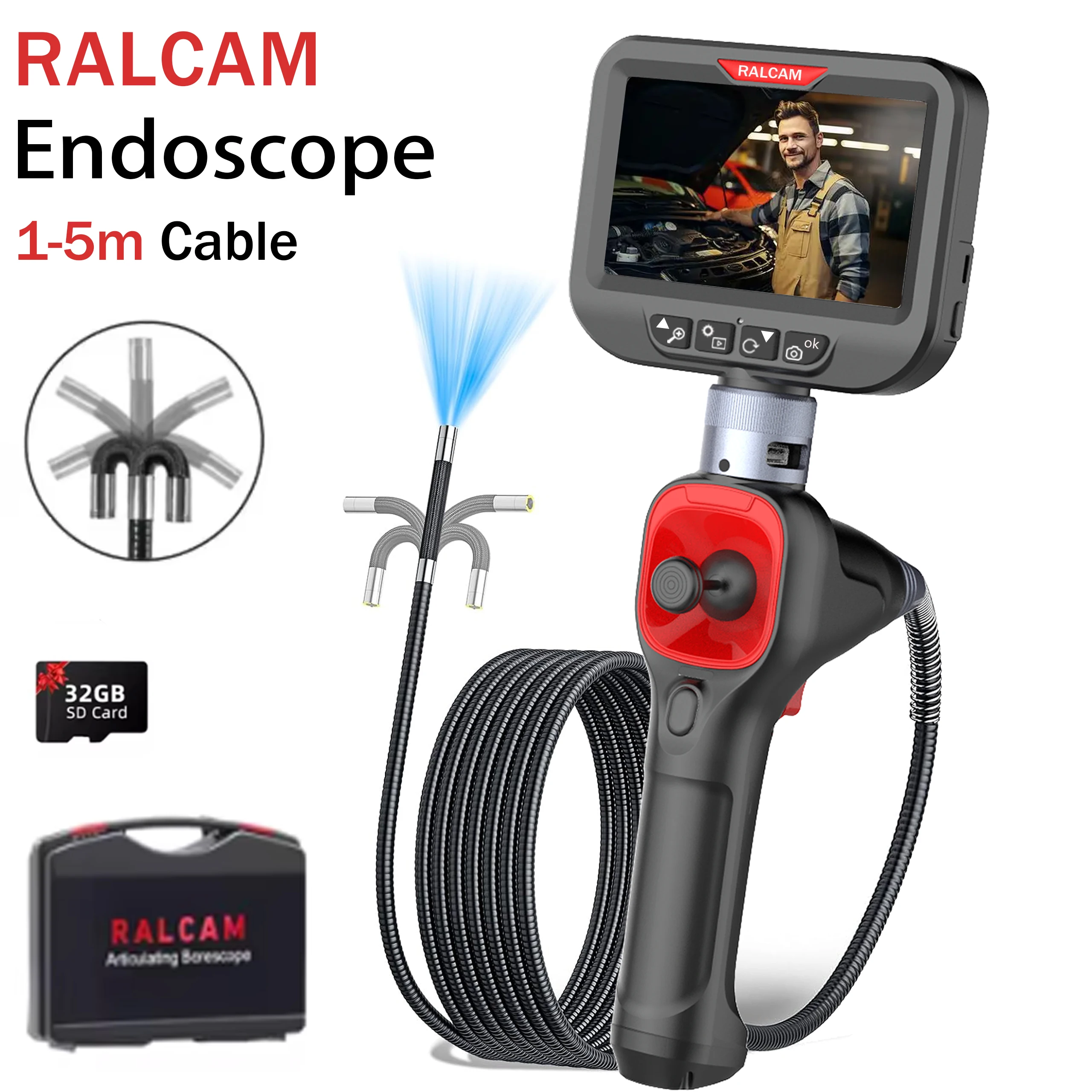 RALCAM F606BArticulating Borescope, 6.2mm Ultra-Slim Waterproof Inspection Camera with Light, 4X Zoom,for Engine Pipe Automotive