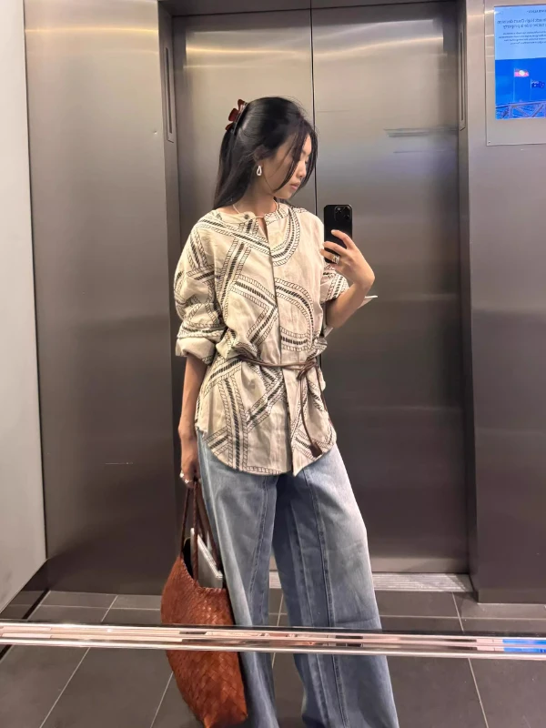 القطن الكتان طويل Sve irt المرأة ربيع الخريف فضفاضة عادية الطوطم طباعة irt خمر Sle مريحة للتنفس #3