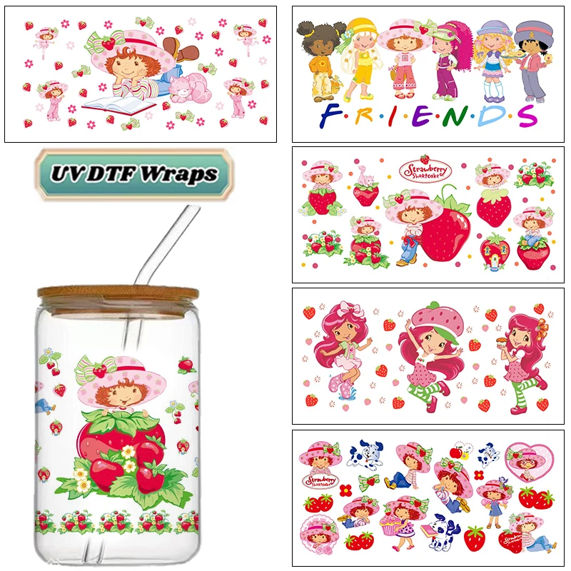Sweet Strawberry Girl UV DTF Wraps Cute Berry & Floral Stickers for 16oz Glass Cans Waterproof DIY Transfer Decals