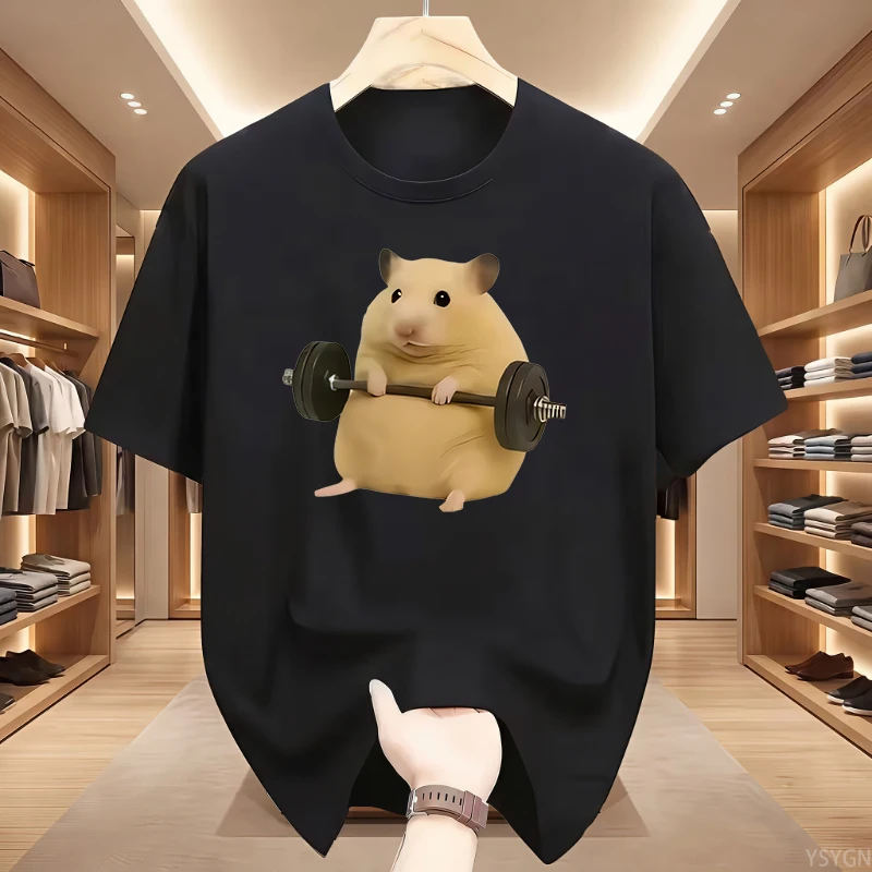 New Men Light Green Hamster Lifting Weights Graphic Harajuku Short Sleeve Casual T-shirt Clothing Street Aesthetic Clothes