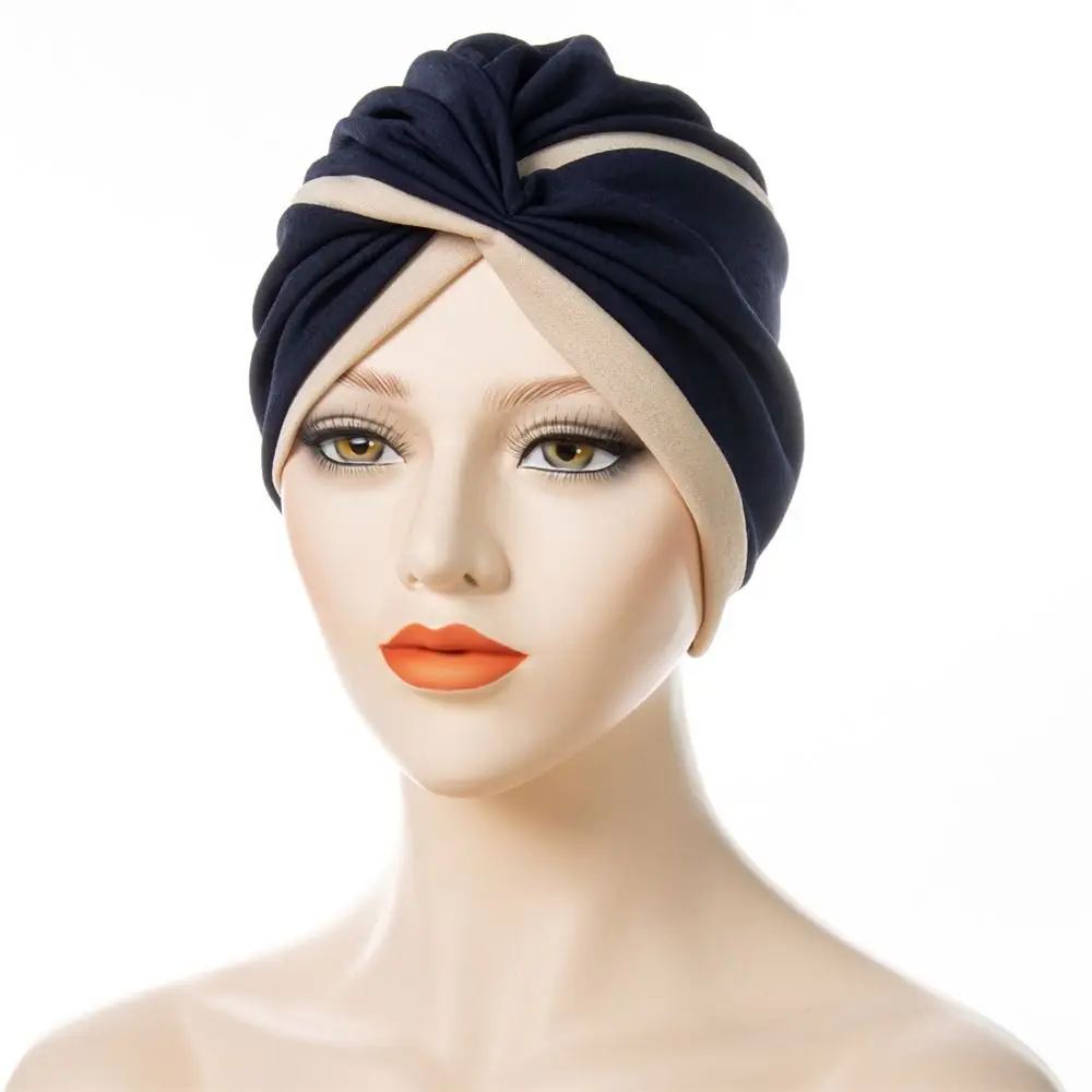 Women Turban Hat Fashion Twisted Indian Hats Two Color Stitched Forehead Cross Folded Muslim Hijab Ladies Pleated Hijab Hat