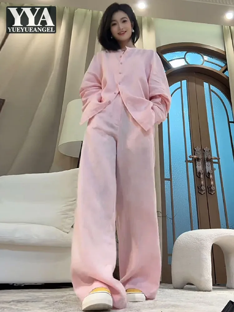 

Women Summer Daily Casual Thin Shirt Sets O-Neck Long Sleeve Sunscreen Top Two-Piece Set Loose Fit Wide Leg Floor Pants Outfits
