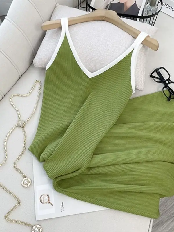 Nuevo vestido de punto de seda helada con cuello en V y falda base con tirantes de longitud media que abraza la cintura falda chaleco temperamento para ir al trabajo