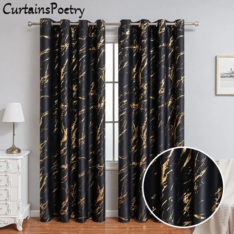 

Gold Foil Printed Blackout Curtains for Kitchen Bathroom Kids Bedroom Grommets Marble Patterned Thermal Insulated Curtain Drapes
