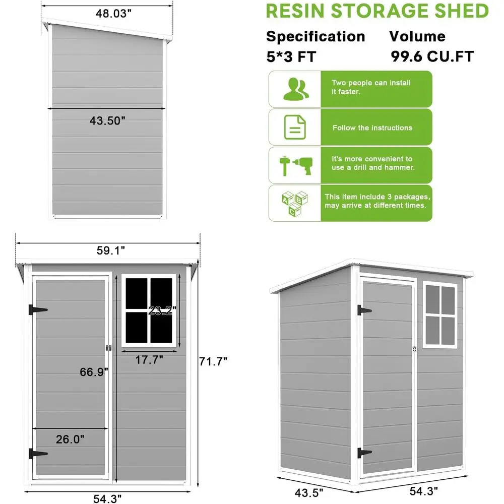 5x3 T Outdoor Storage Shed,Resin Storage Shed with loor/Window/Vent/Roo Rainwater Drainage/Lockable Door,All-Weather Plastic Gar
