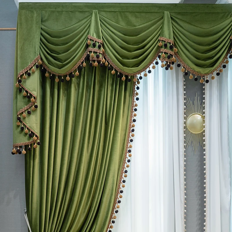 American Retro Dark Green Velvet Curtains for Living Room Bedroom French Window Customized Villa Finished Product Valance
