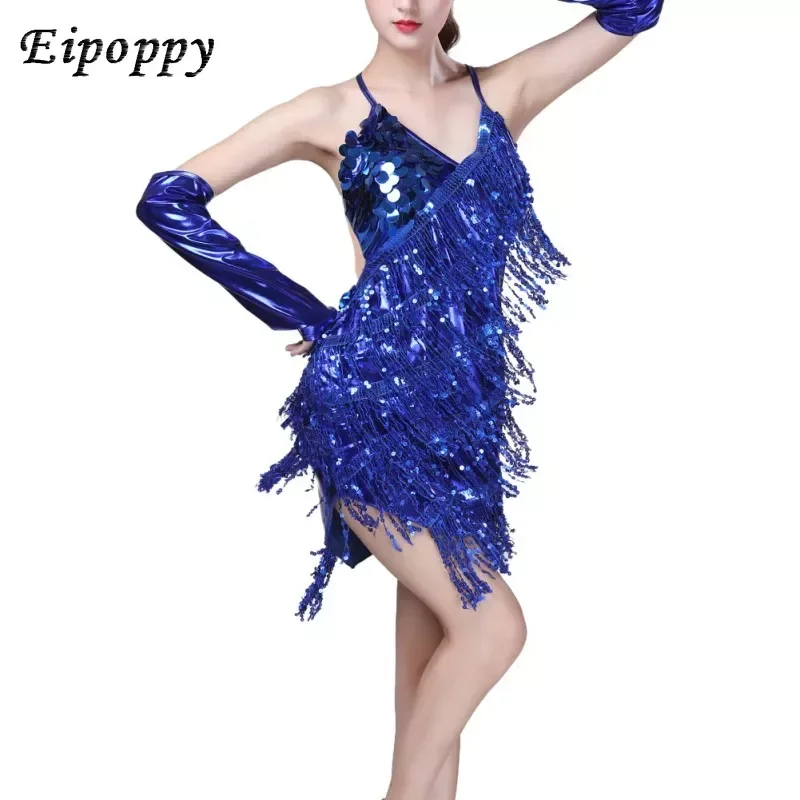여성용 레이스 라틴 댄스 의상, 섹시한 스팽글 슬링 홀터, 라틴 댄스 원피스 태슬 코스튬, 미니 댄스 원피스