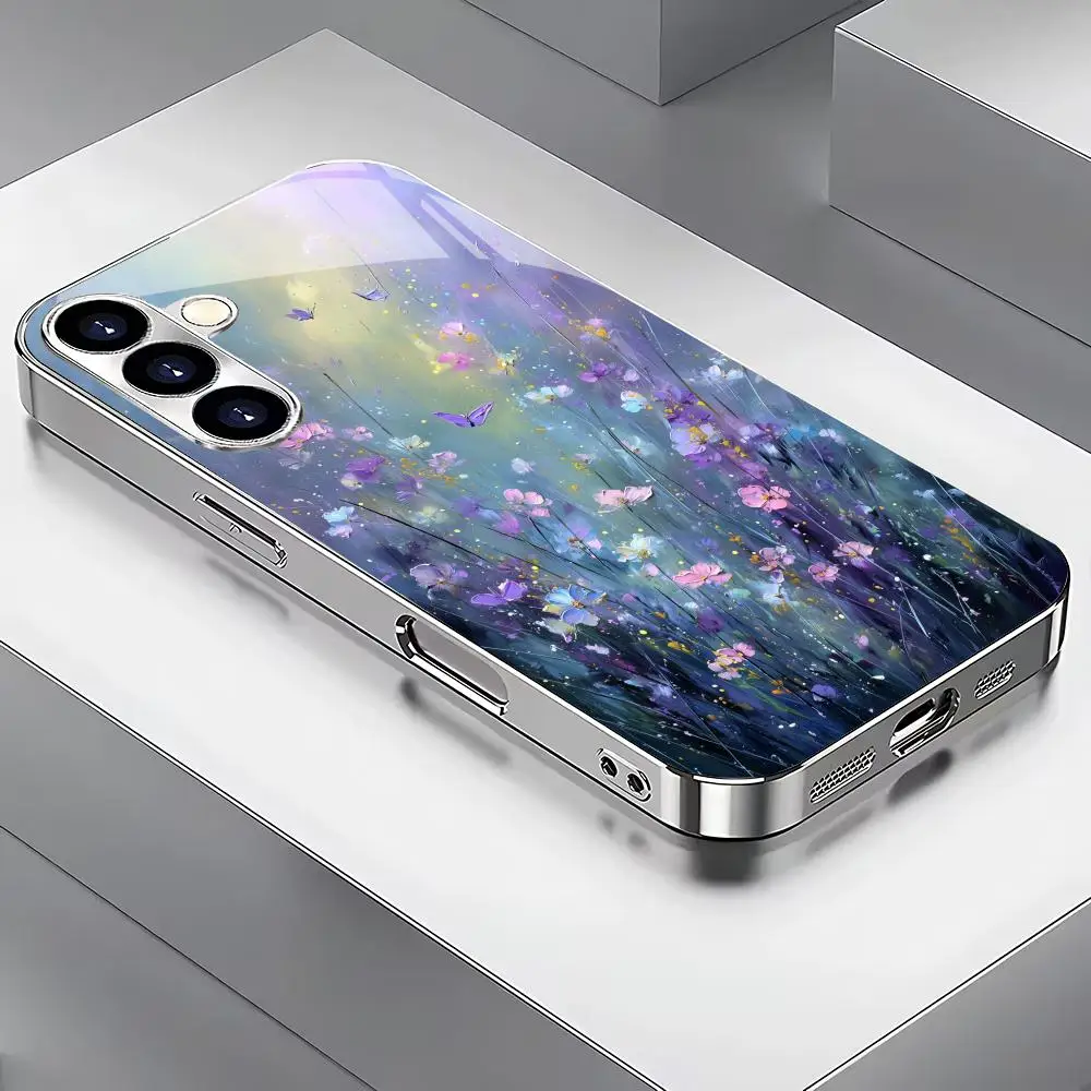 Oil painting floral pattern glass phone case suitable for Samsung Galaxy S26 S25 S24 S23 S22 S20 FE/Ultra/Plus anti fall