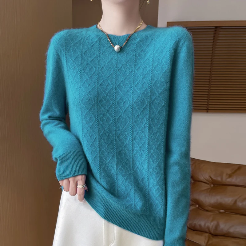 2024 autumn and winter new women\'s 100% merino sweater O-neck thick solid color casual fashion cashmere sweater top.