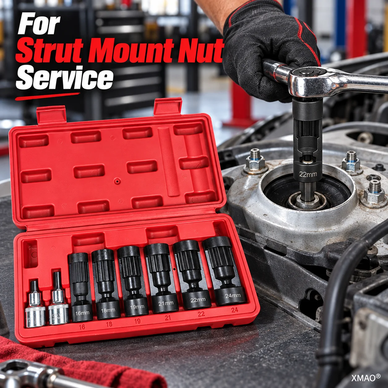 8Pcs Shock Absorber Strut Socket Set 16-24mm Pass-Thru 1/2in Drive Mount Nut Removal Tool for Porsche Macan Suspension Repair