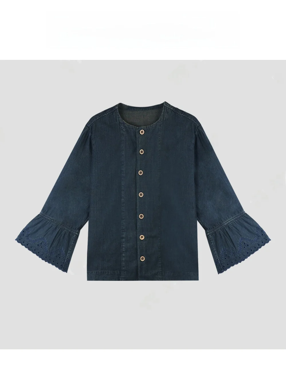 

Blue-Dyed Casual round Ne Denim Flared Sve irt Women's Spring Summer Top TT 【Morning Glory】 Cotton 00%