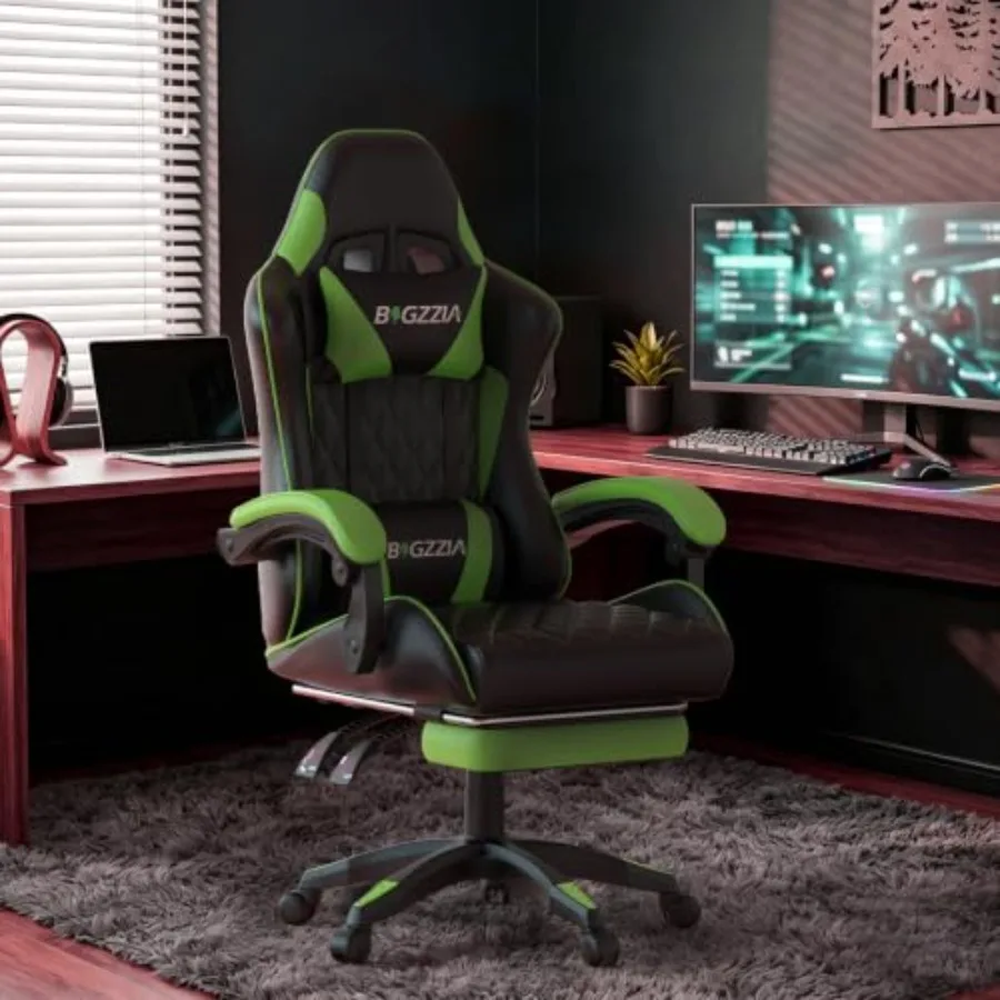 Gaming Chair with Footrest for Extended Play Sessions, Premium PU Leather in Vibrant Green, Ergonomic Support and Adjustable Re