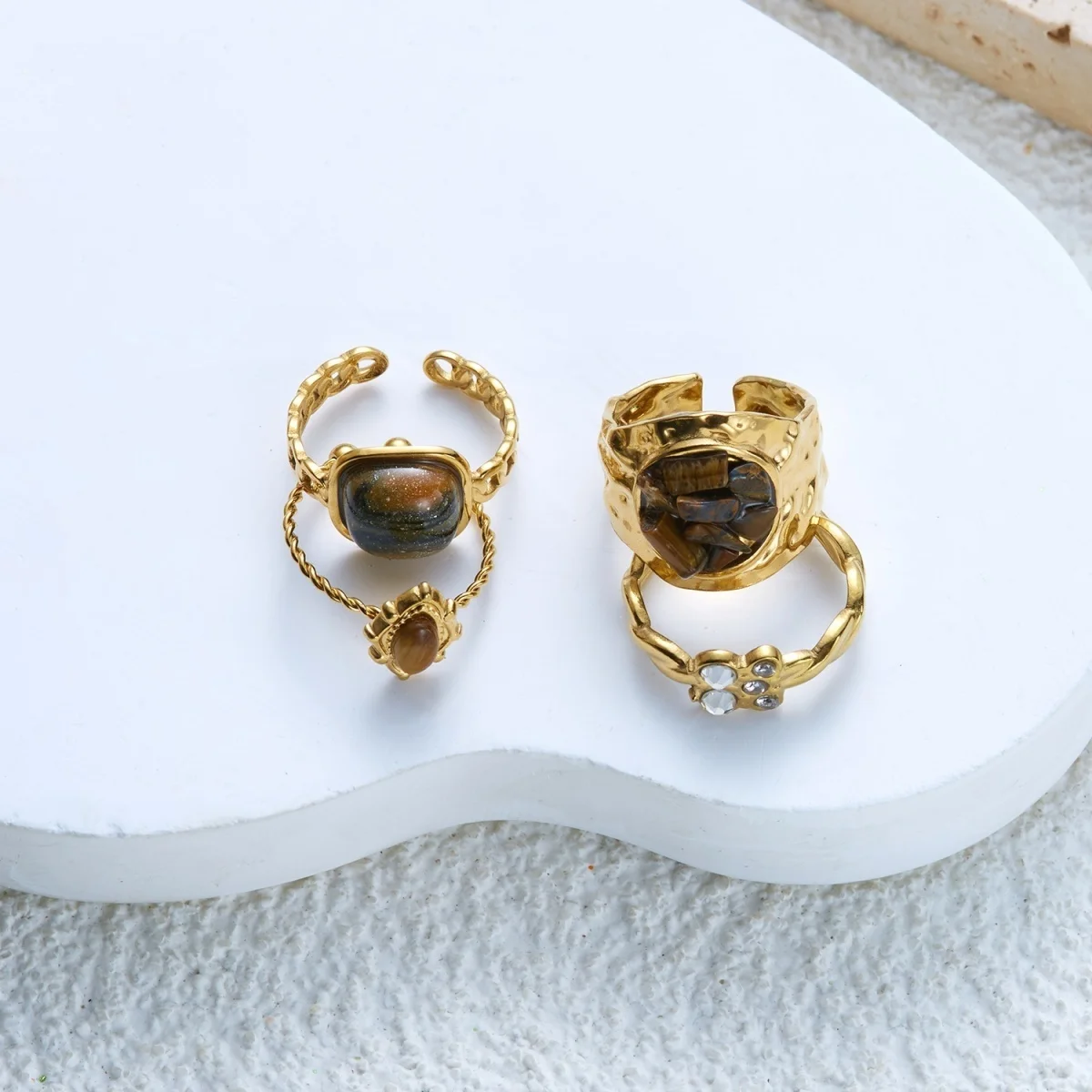 Edelstahl Natürlicher Tigerauge-Stein Wassertropfen-Hammer-Ring Breiter Ring für Damen und Herren Französischer Vintage Geometrischer Blumenring Schmuck – Detail 13