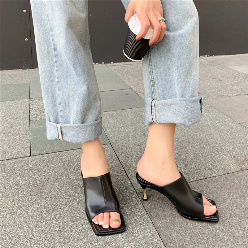 Meotina Genuine Leather Sandals Women Shoes Square Toe Footwear Summer Fashion High Heels Sandals Lady Black Snake Pattern 42