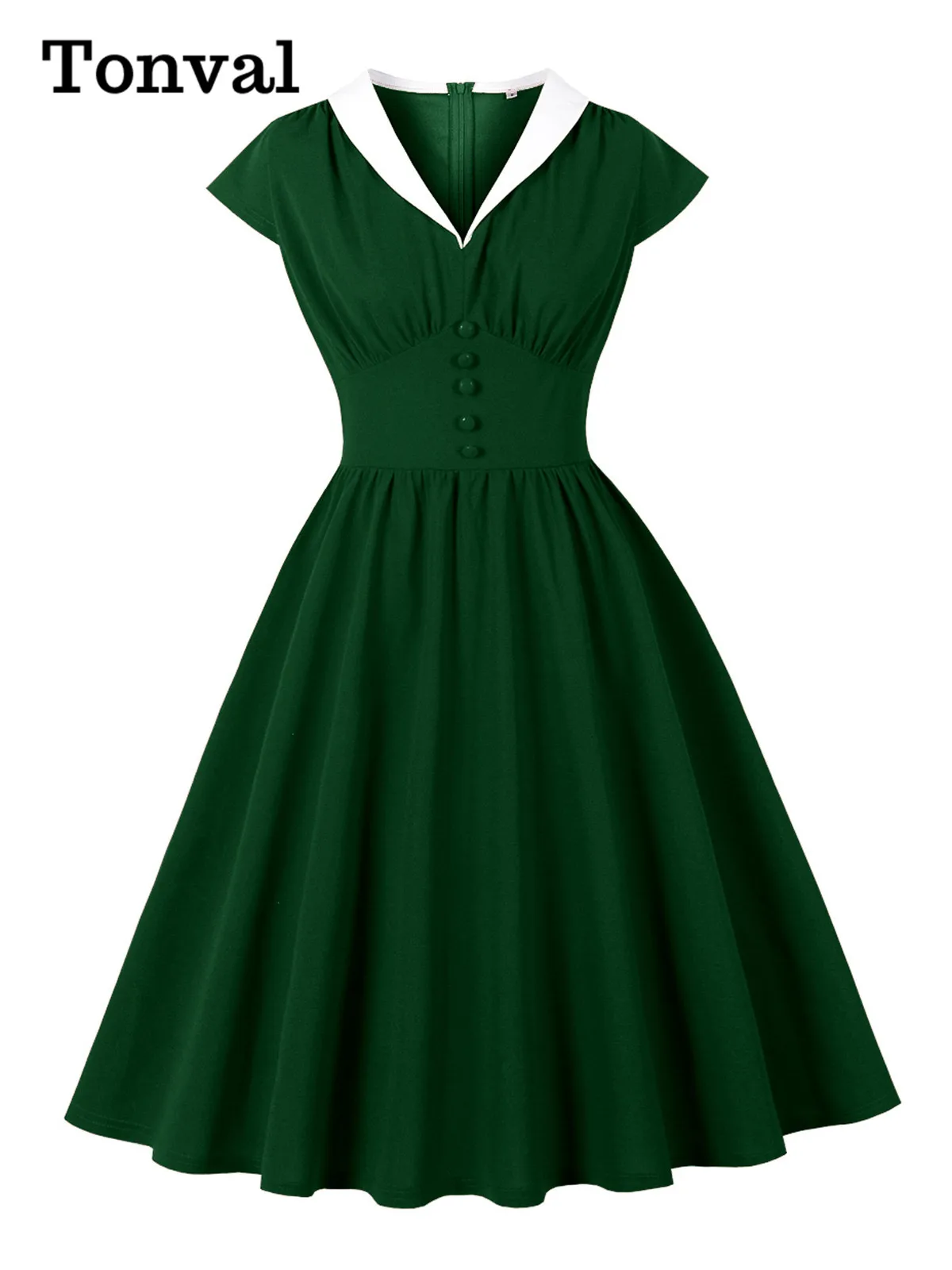 Tonval Contrast Collar High Waist Buttons Cap Sleeve Summer Dresses Women 2026 Vintage Pleated Midi Elegant Dress
