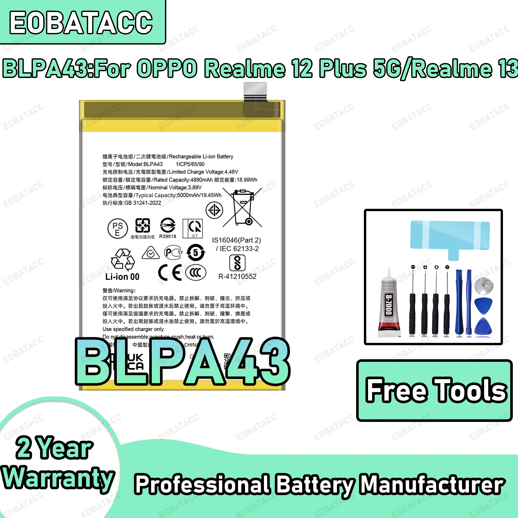 

5000mAh 100% New BLPA43 Battery For OPPO Realme 12 Plus 5G/Realme 13 Replacement Bateria+Free Tools