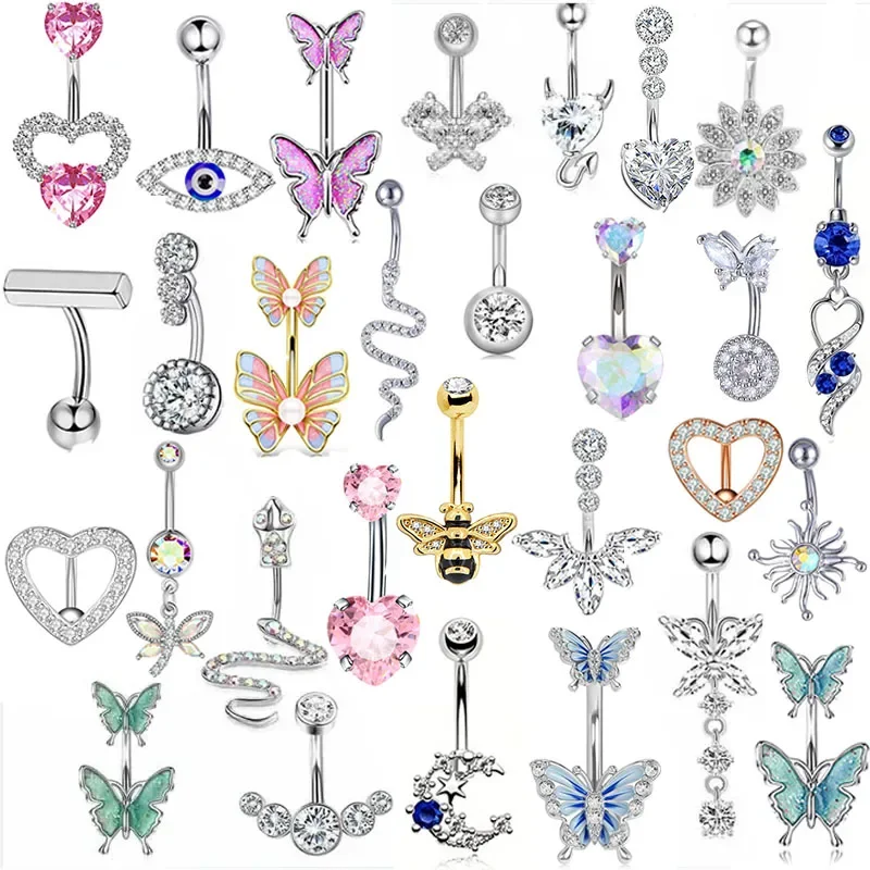 

1pc Stainless Steel Belly Ring Flower Heart Crystal Navel Belly Button Rings Butterfly Cute Belly Bar Bulk Navel Piercings 14G