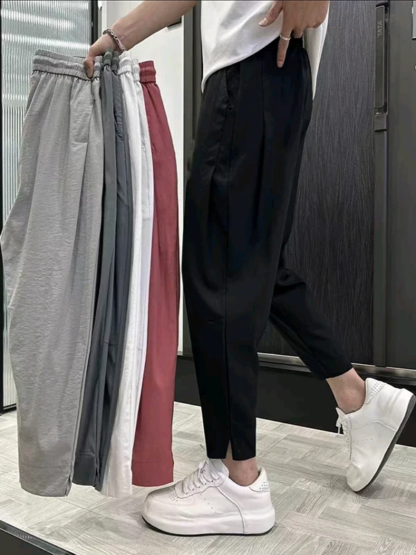 

Ice Silk Men's Summer Thin Split Casual Loose Harlan Pants Trendy Sport Nine Points Elastic Waisand Youth Active Sle