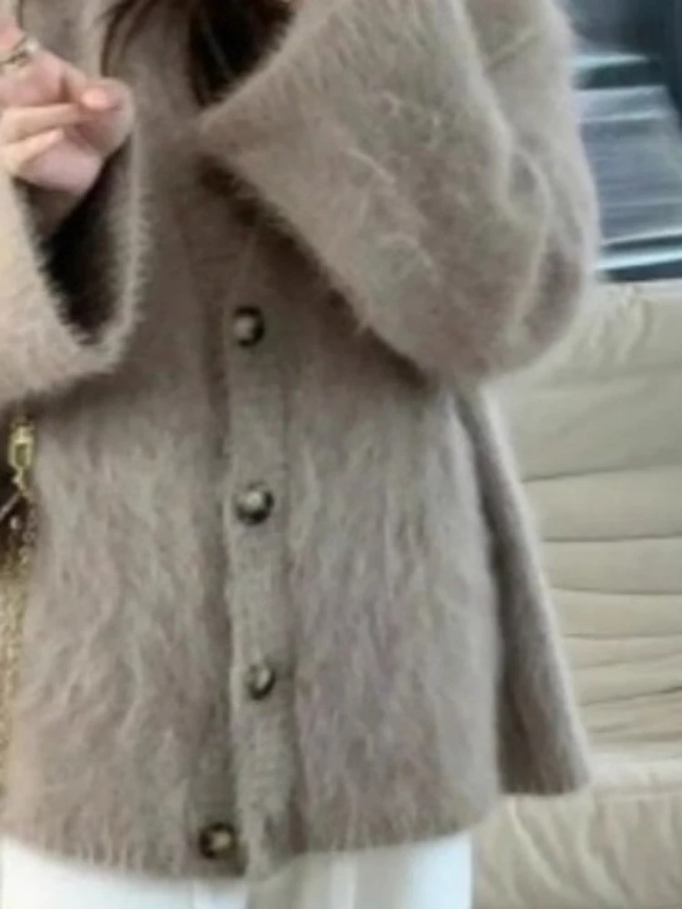 Herfstkleding Harig vest Jassen V-hals Alle Match Sueter Mujer Koreaanse Pull Femme Mode Gebreide trui met enkele rij knopen