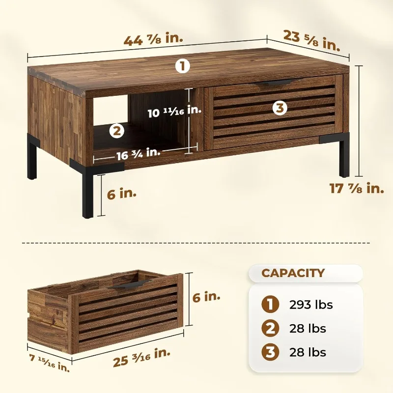 Coffee table, industrial modern living room center table with storage drawers and fully assembled