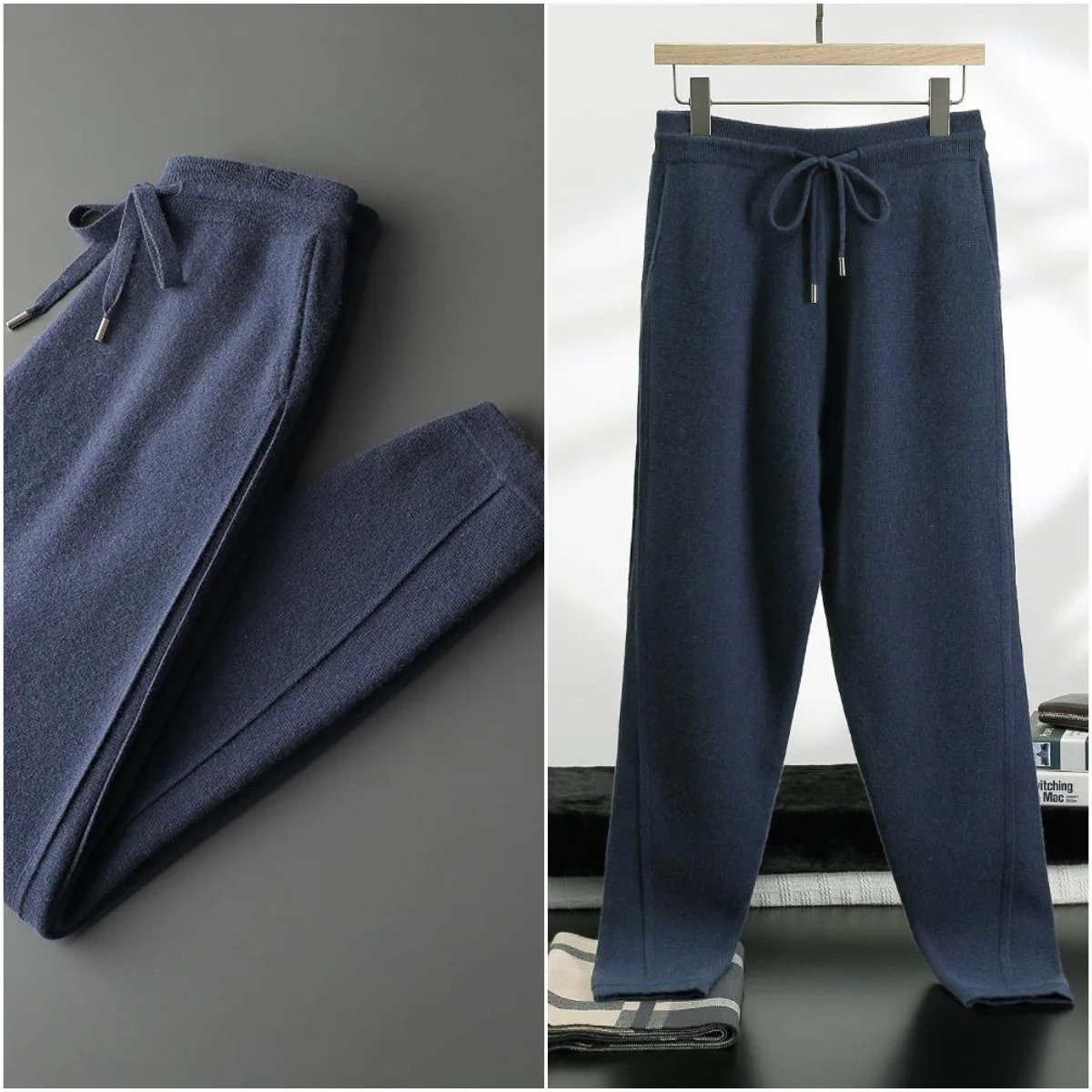 

100% Cashmere Pants Men's Thicken Casual Seam Pencil Pants Autumn Winter Drawstring Elastic Waist Trousers Fashion Solid Knitted