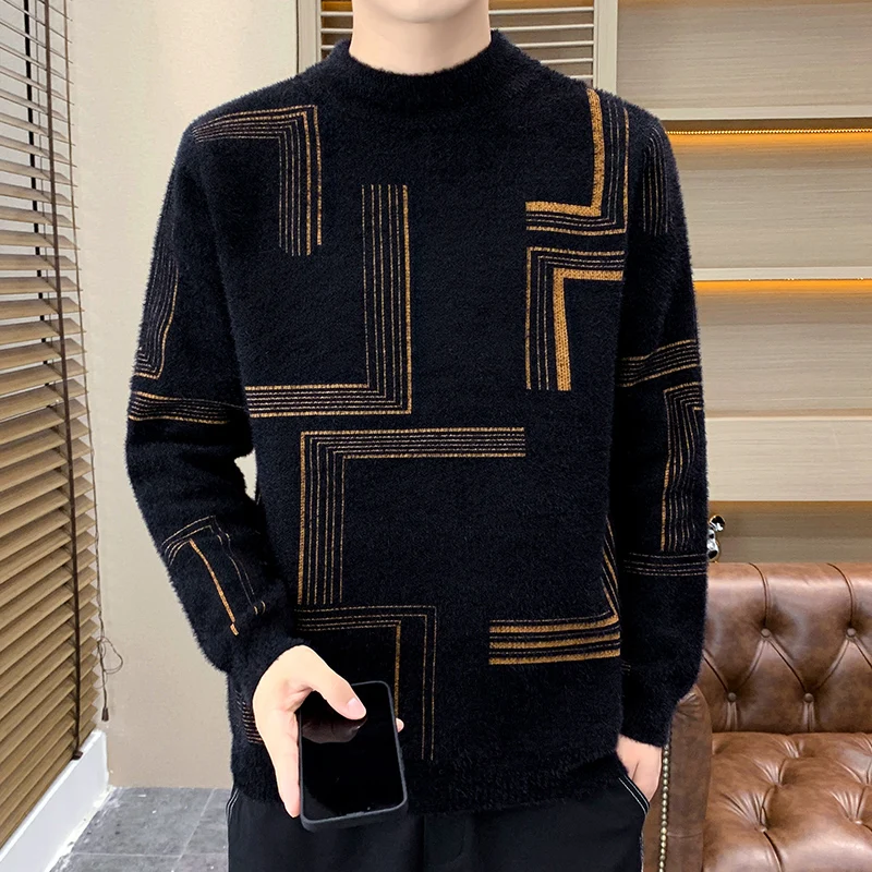 

Thiened Men's Knitted Sweater f High Collar Faux Fur Soft Warm Base Layer irt Trendy Autumn Winter Casual Wear Polyest...