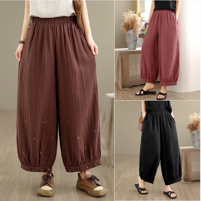 Summer Thin Women's Harem Carrot Pants Casual Loose Cuffed Nine Points Lantern Pants Cotton Linen Natural Waist Pocket
