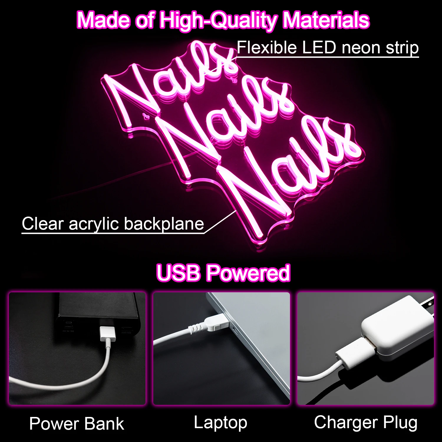 Pink Nail Neon Sign for Room Decoration Nails Neon Decoration Nails LED Sign with USB Powered for Nail Salon Beauty Room