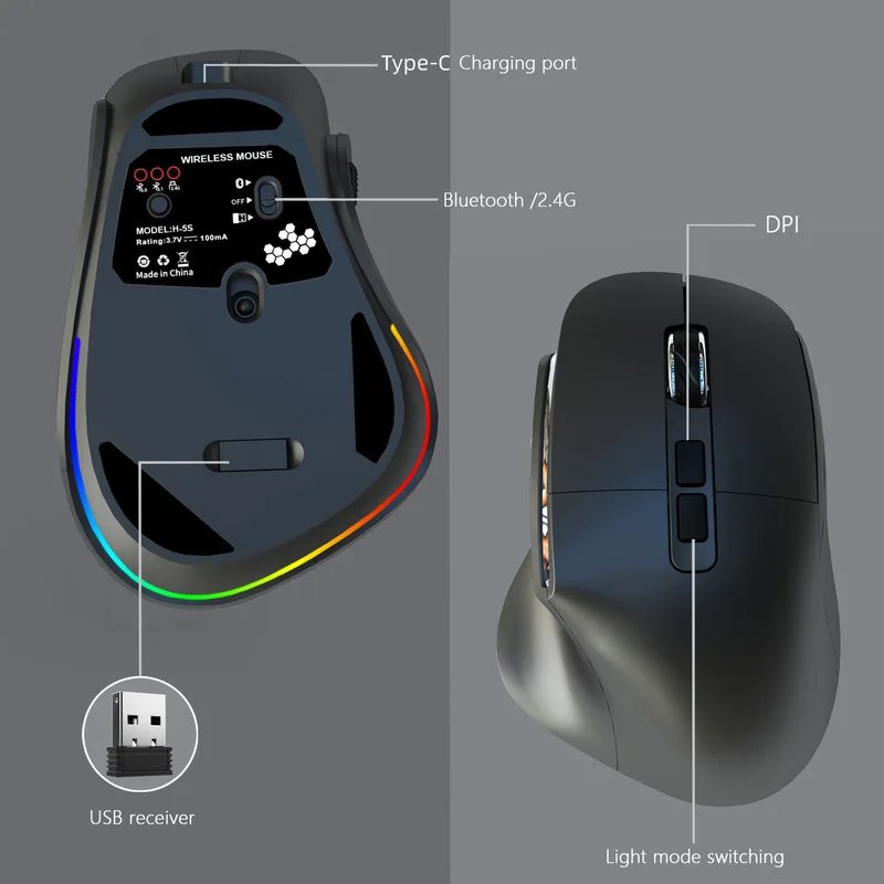 Wireless mouse 2.4G dual mode rechargeable 2400DPI RGB light effect supports ergonomics suitable for desktop laptops tablets