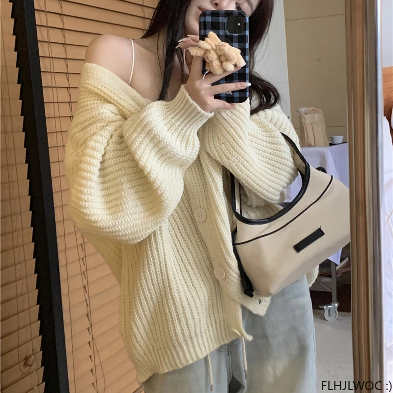 2023 Autumn Winter Coat Outerwear Casual Loose Lazy Japan Preppy Style Single Breasted Button Knitted Sweater Cardigans Pink