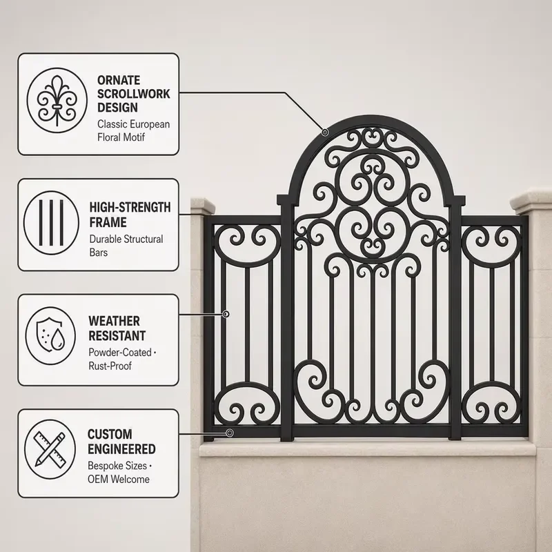 DMJ-WL003Classic Iron Decorative Fence with Arched Center & Floral Scrollwork | Villa Garden Railing | Custom OEM
