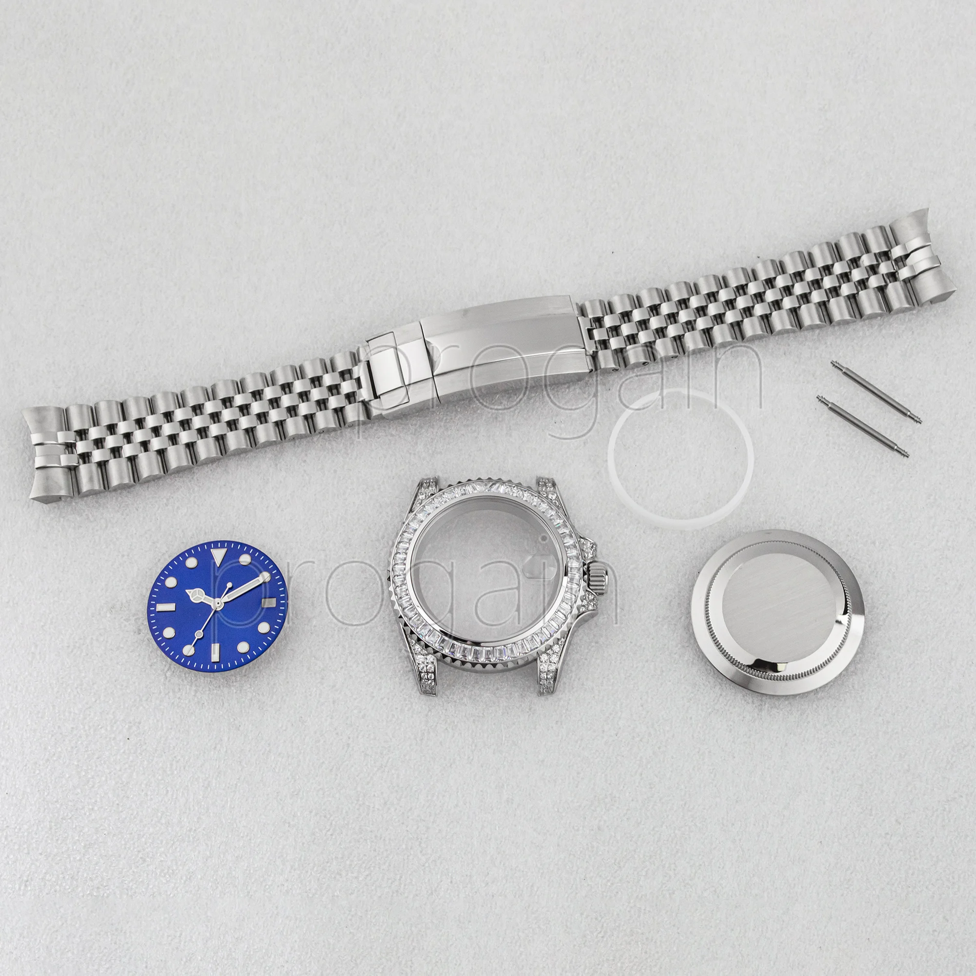 40MM Full Diamond NH35 Watch Case SUB GMT Five Beads/Oyster Strap 28.5MM Dial Luminous Hands Magnifying Glass for NH36 Movement