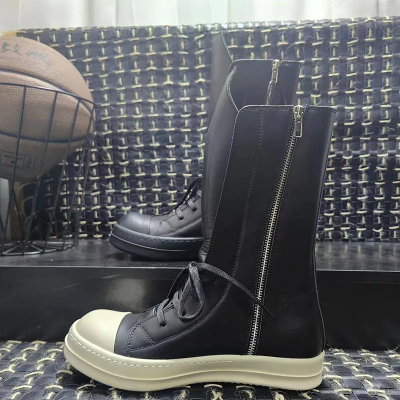 Men Genuine Leather Mid-Calf Boots Luxury Trainers Lovers High Top Boots Casual Lace-Up Zip Flats Hip Hop Male Shoes