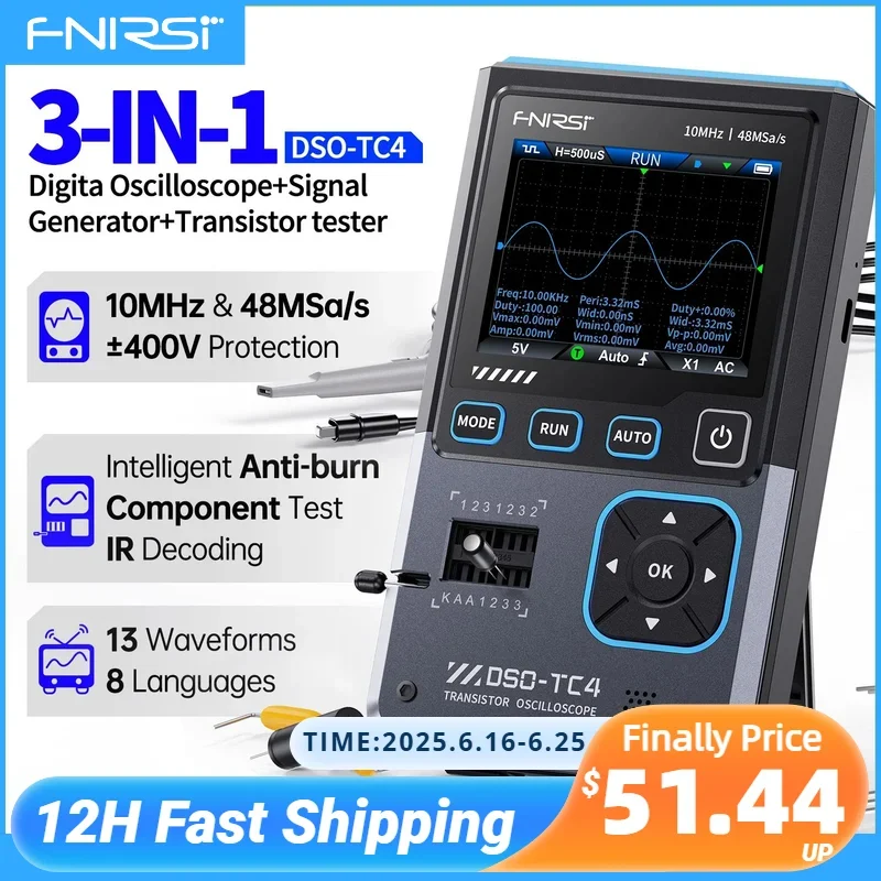 

FNIRSI New DSO-TC4 DSO-TC3 3-in-1 Handheld Digital Oscilloscope Transistor Tester Signal Source Portable Electronic Tester Tools