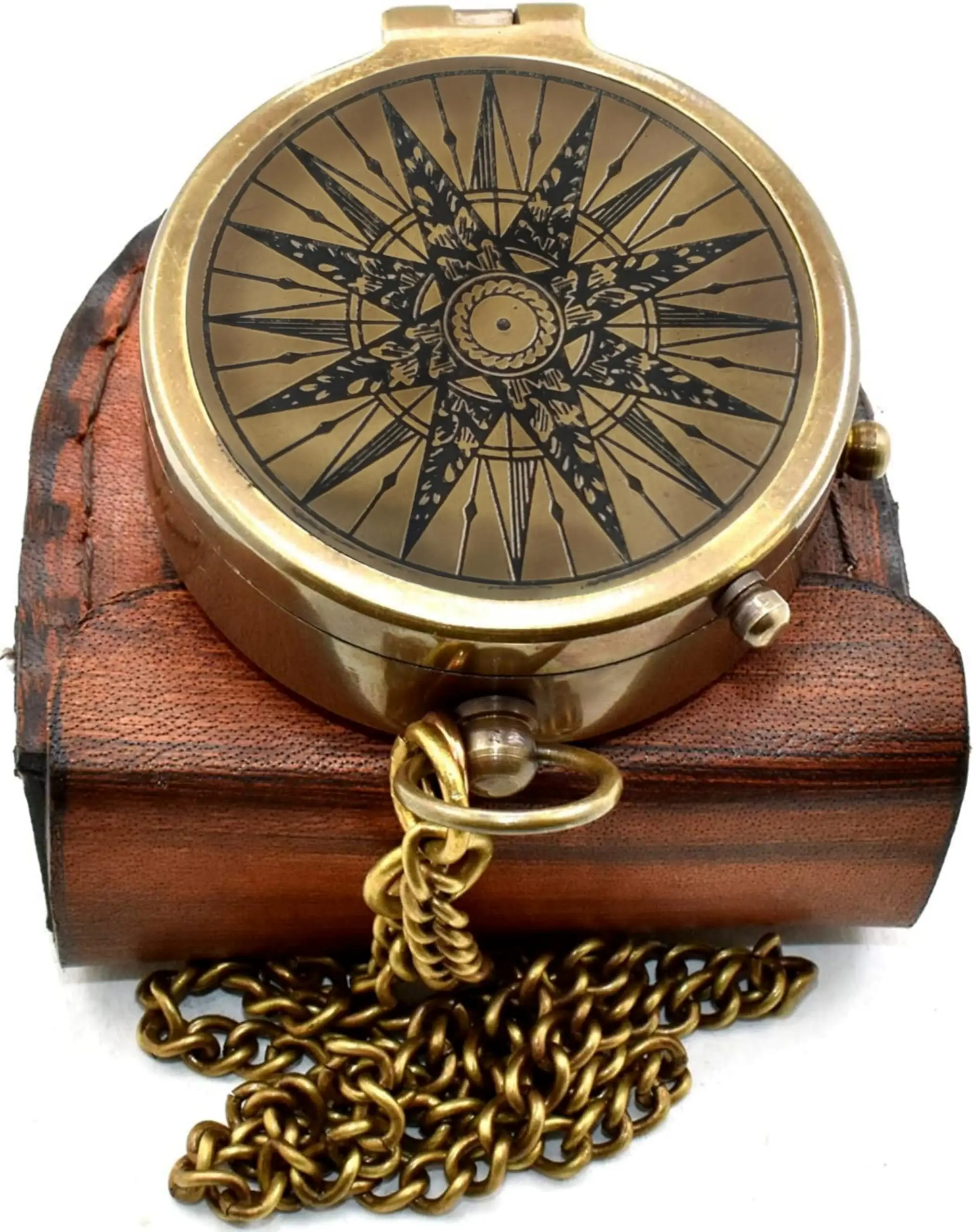 

Vintage Brass Pocket Compass With Leather Case For Hiking Camping Navigation Gift