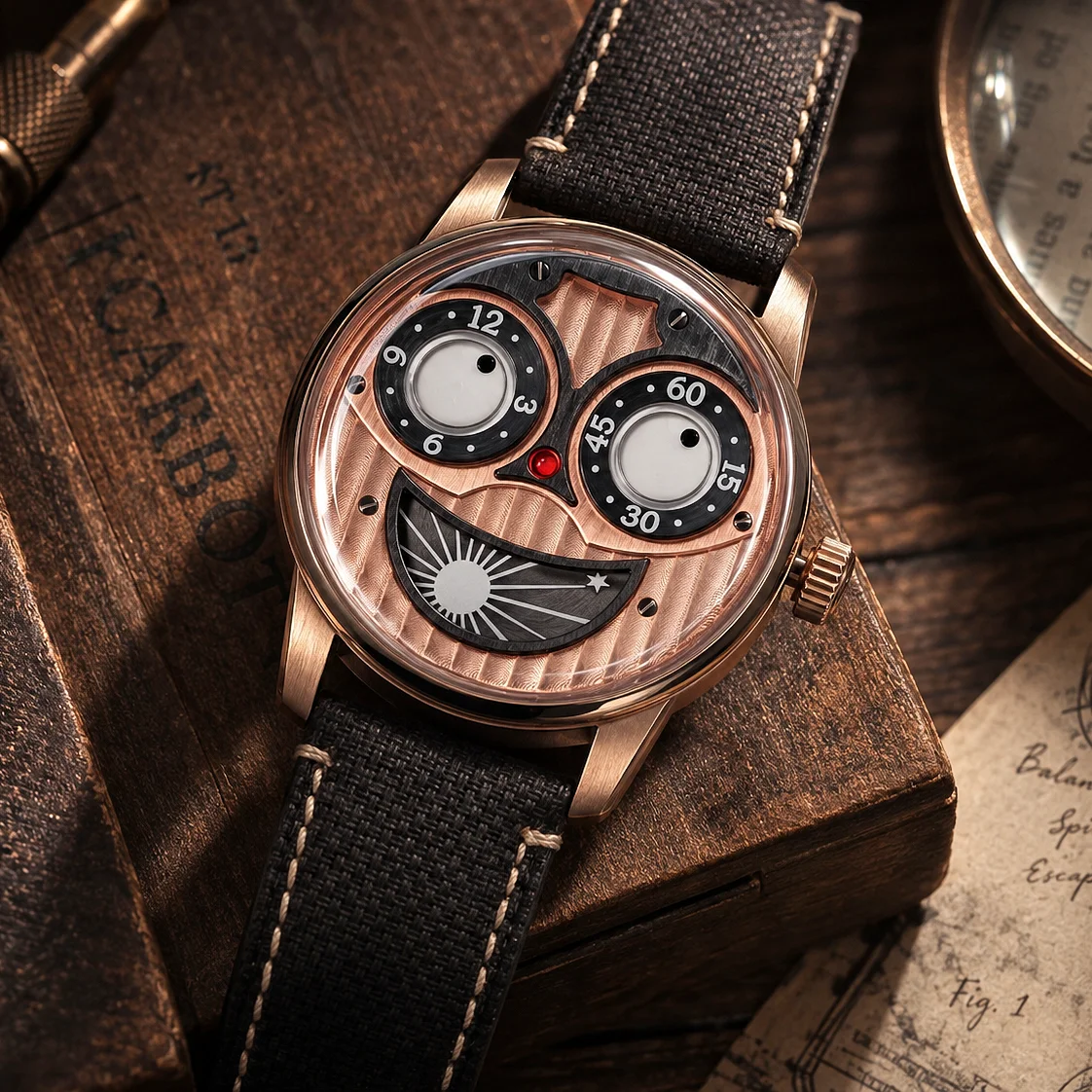 OBLVLO Unisex Joker Face Dual Time Mechanical Wristwatch with Plaid Leather Strap Unique Automatic Clock for Men And Women JM-JK