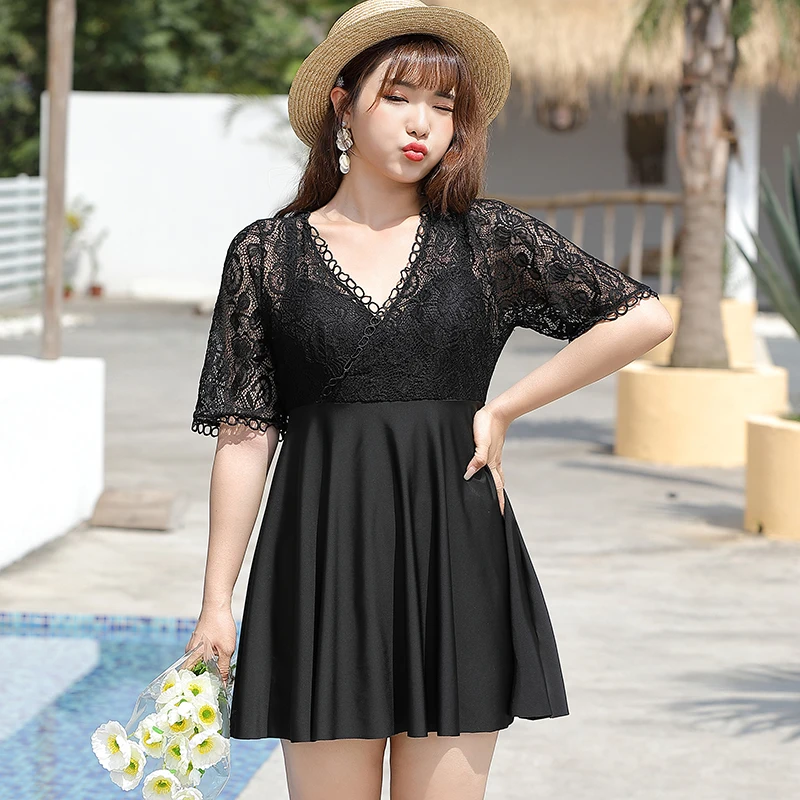 New Women's Swimwear Plus Size Bathing Suit Women One Piece Swimsuit with Underwire Push Up 7XL Short Sleeve Swimdress Black