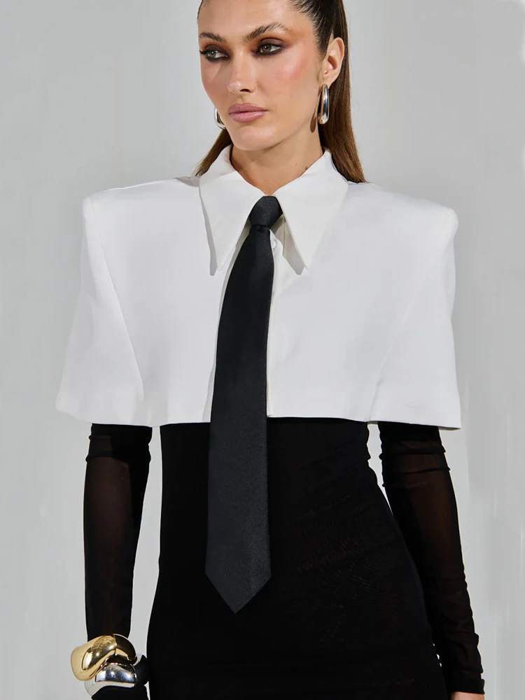 Abito longuette da donna sexy con spalle scoperte e maniche lunghe con design a grembiule bianco Abito aderente patchwork Abito da sera formale