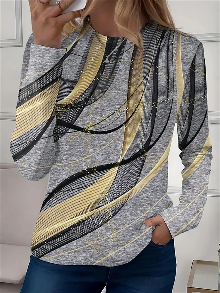 Women's Autumn Fashion Long-Sleeve Striped Print T-Shirt Elegant Loose-Fit Top Suitable for Work or Casual Street Style
